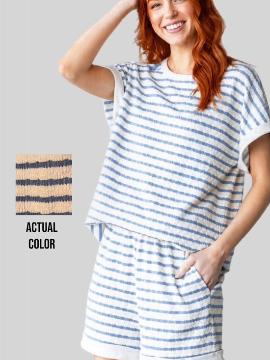 HEIMISH USA Pants - HEIMISH USA Jacquard Striped Top & Short SET in Cream/Blue 3X